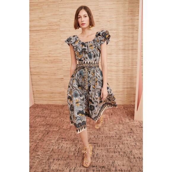 Ulla Johnson Amira Belted Midi Ruffle Dress 2 Portofino Off-The-Shoulder - Picture 2 of 13